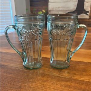 Coca Cola Coke Set of Heavy Green Glasses Handle 12 ounce Made in USA By Libby